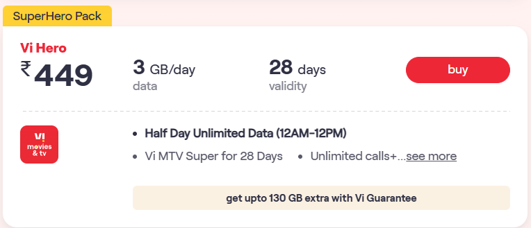 Vodafone idea half day unlimited data code