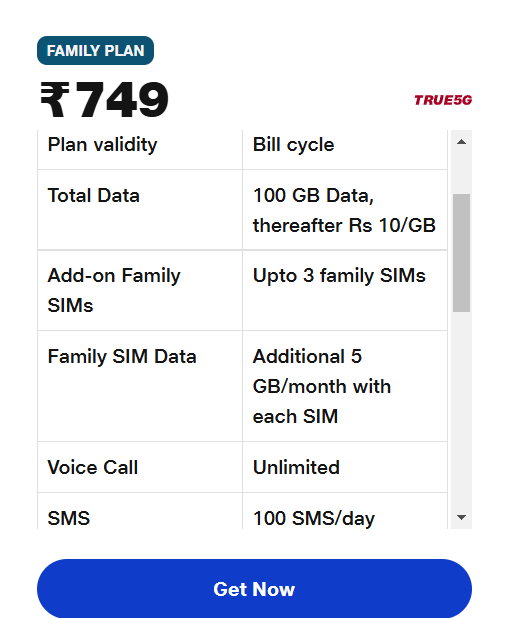 Jio Family 749 Postpaid Plan For 4 Members