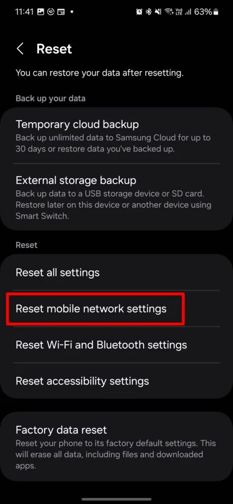 reset mobile network settings