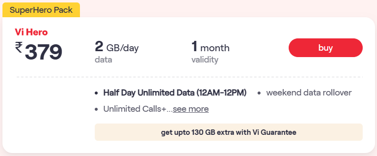 Vodafone idea half day unlimited data price