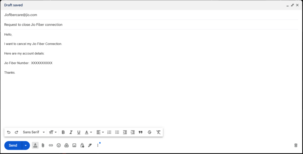 Cancel Jio Fiber Through Email