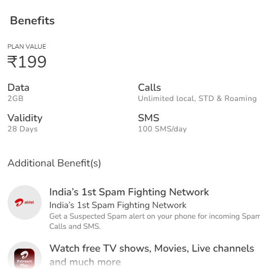 Airtel Only calling Plan For 28 Days