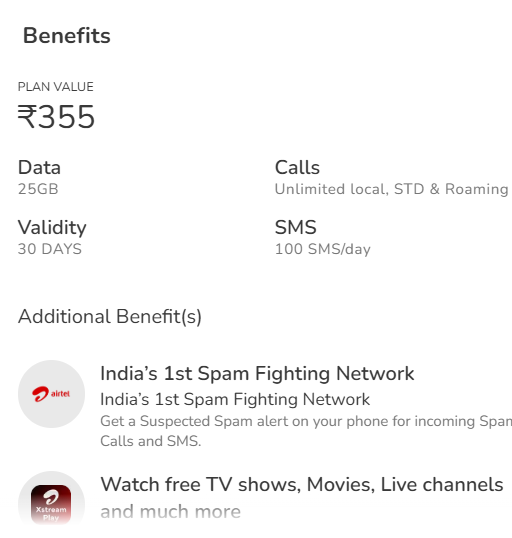 Airtel Only calling Plan For 1 Month