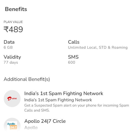 Airtel Only Calling Plan for 77 Days