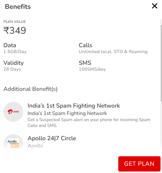 Airtel Recharge Plan For 28 days 1.5GB Per Day