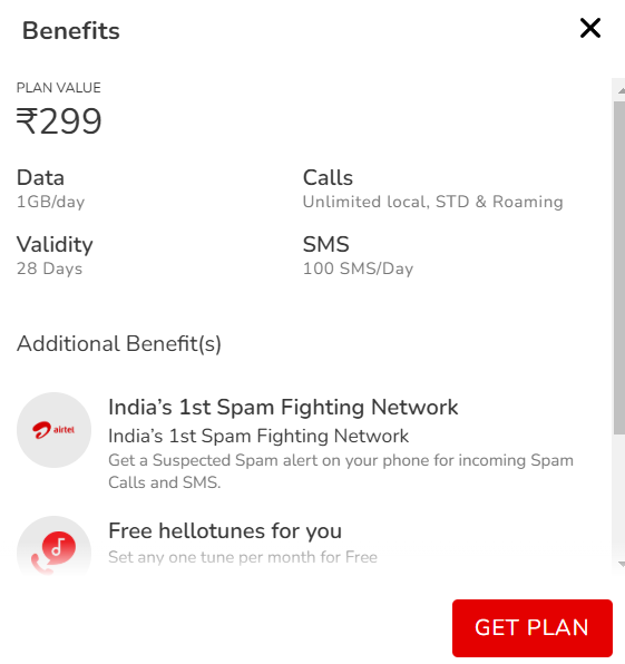 Airtel Recharge Plan For 28 days 1GB Per Day