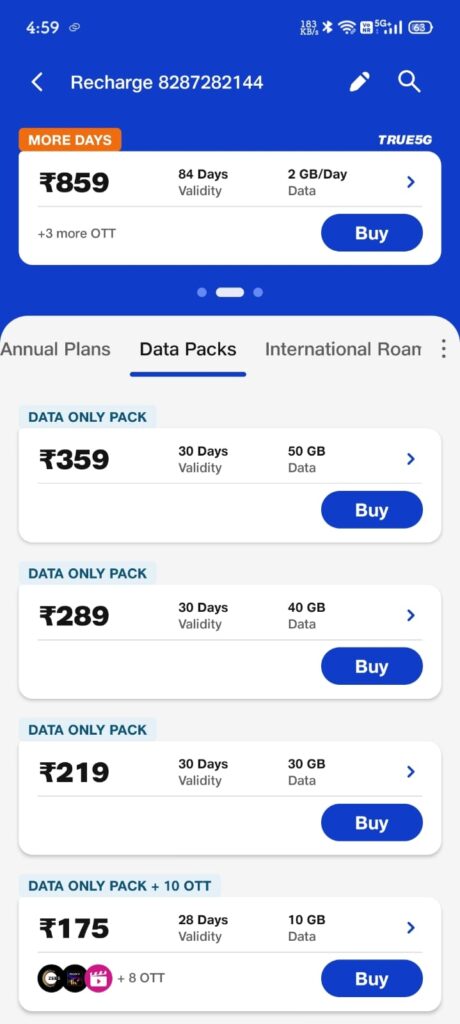 jio data only recharge pack