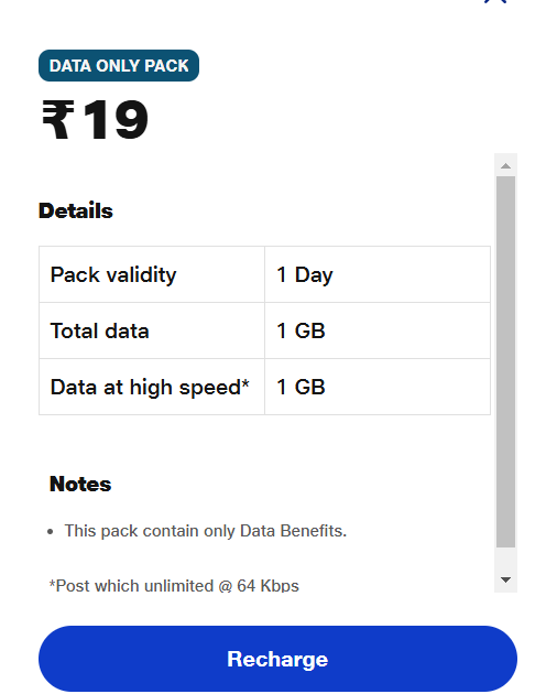 Jio Data Only Pack For 1 Day