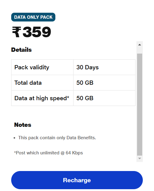 Jio Data Only Pack For 30 Days