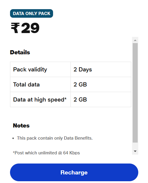 Jio data only pack validity