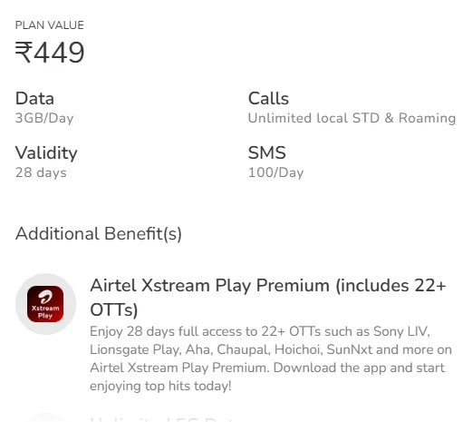 Airtel Recharge Plan For 28 days 3GB Per Day