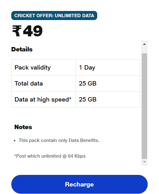 Jio data only pack price