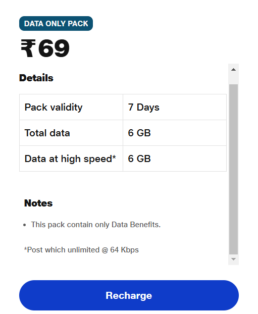 Jio data only pack 