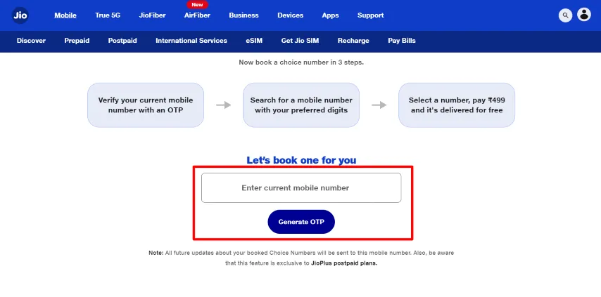 Jio choice number booking online
