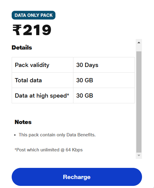 Jio Data Only Pack For 1 Month