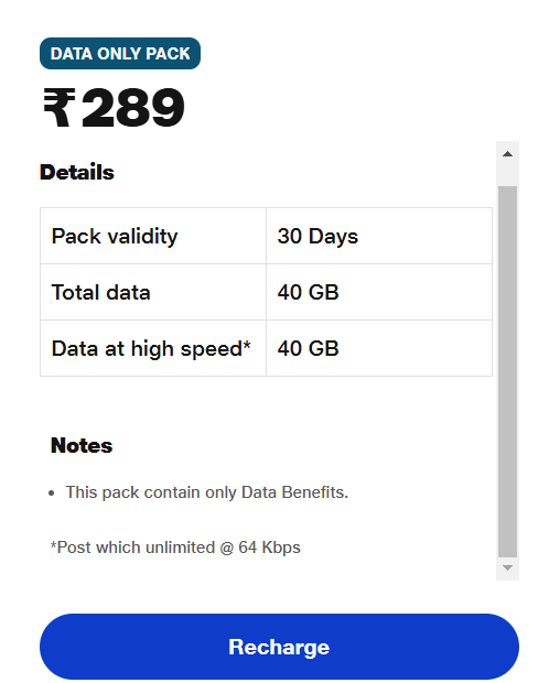 Jio Data Only Pack For 1 Month